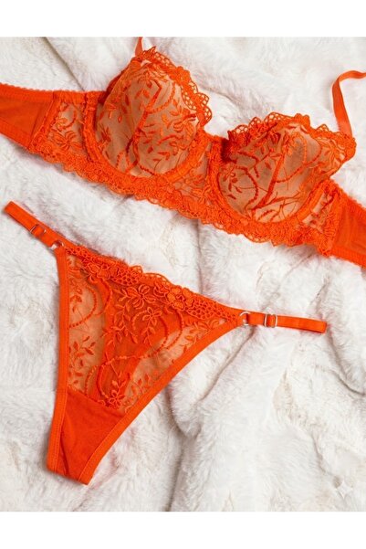 RUYAZ Neon narandžasti čipkasti ženski grudnjak sa žicama i set donjeg veša