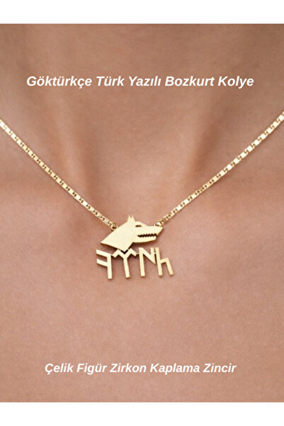 Tuana Trend Türk Yazılı Bozkurt Simgeli Kolye Çelik Sembol Zirkon Kaplama Zin...