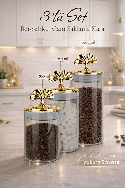 Enyaza Home 3lü Kavanoz Seti Dekoratif Lüks Gold Çay Kahve Bakliyat Baharatlı...