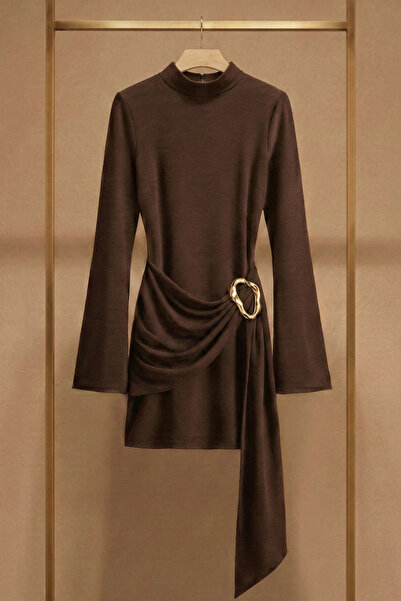 PASTELASTORE Buckle Detail Belted Mock Neck Mini Women's Dress