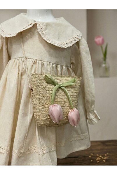 Mini Chics Fiyonk Laleli Fermuarlı Hasır Kız Çocuk Çantası