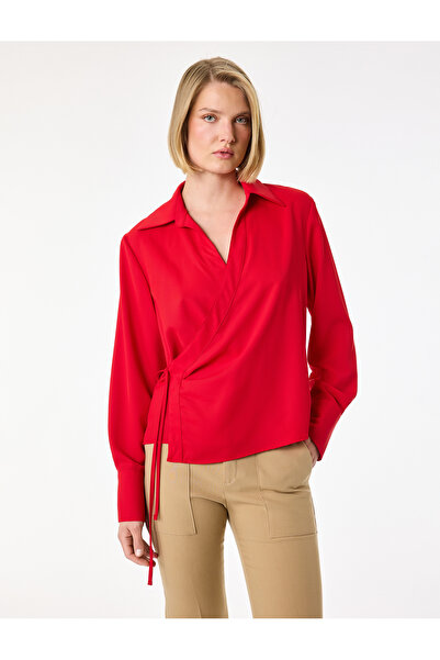 Koton Bağlama Detaylı Uzun Kollu Kruvaze Yaka Gömlek