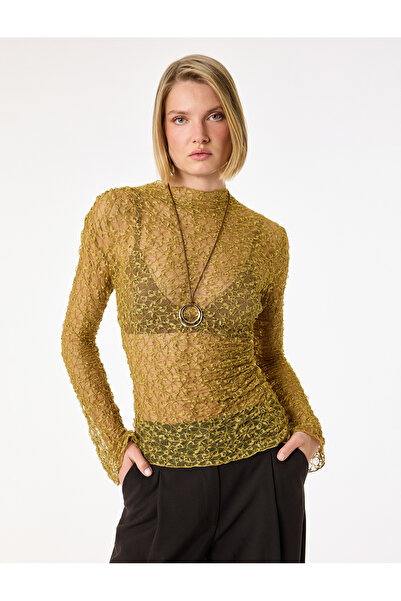 Koton Tricou din dantelă cu mânecă lungă, semi-transparent, cu guler înalt, c...