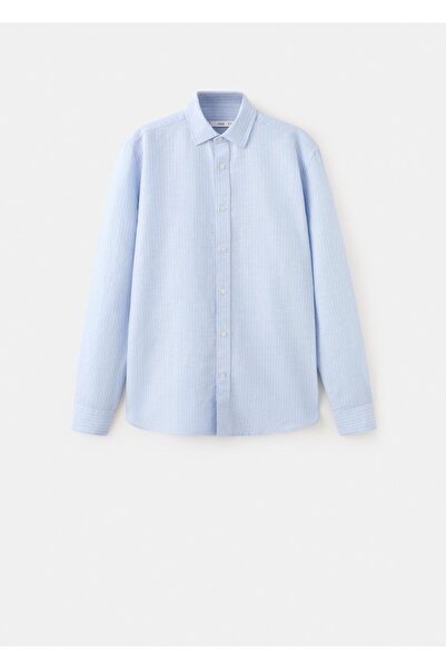 MANGO Man Regular kesim çizgili pamuklu keten gömlek