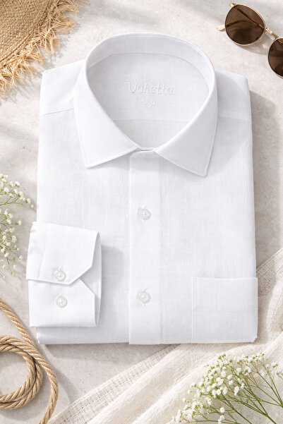 Varetta Ανδρικό λευκό πουκάμισο με Λινό εφέ, Με τσέπες μακρυμάνικο, Βαμβάκι τ...