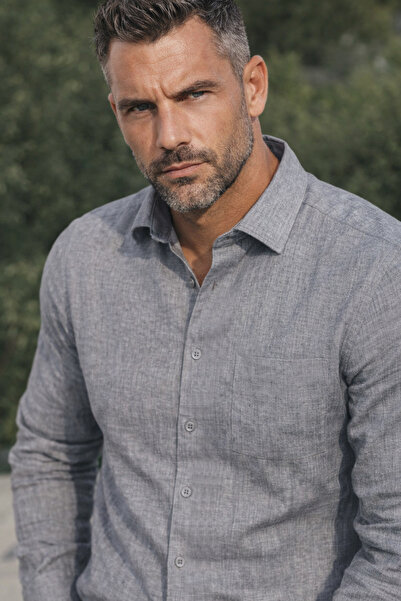 Varetta Muška siva košulja Lan efekata Sa džepovima Pamuk paket dugih rukava