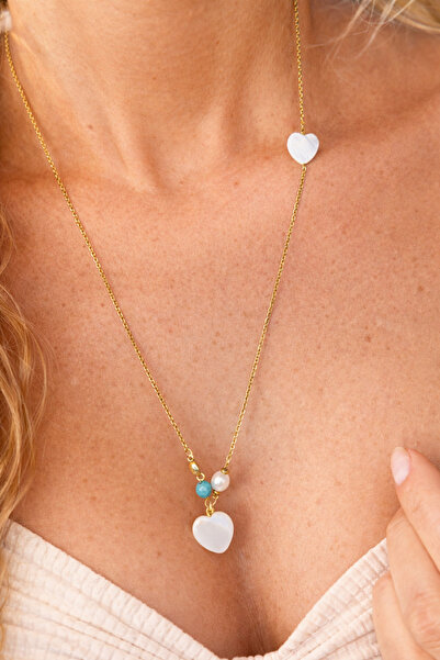 By Song Aksesuar قلادة على شكل قلب من حجر الدوجالتاش مع سلسلة فولاذية