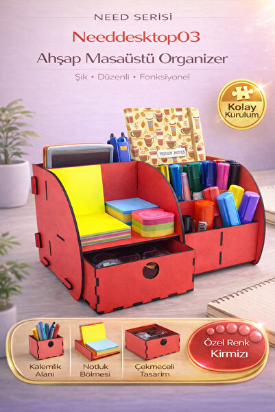 Need Masaüstü Düzenleyici Ahşap Organizer Seti Kırmızı