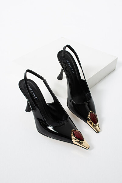 diclepolat Piele neagră pentru femei, pantofi cu toc Gold Metal Toe, roșu cu ...