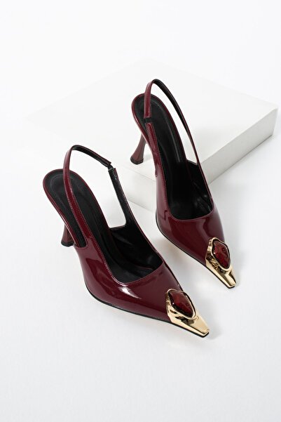 diclepolat Piele lacuită bordeaux pentru femei pantofi cu toc Gold Metal Toe ...