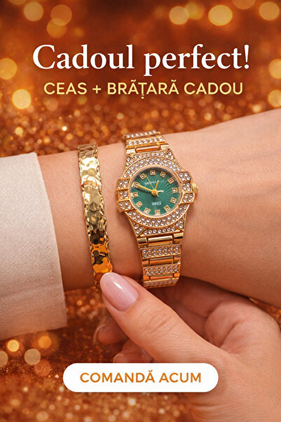 OEM Ceas Elegant Dama Yunkow Green Dial cu Cristale + Bratara Aurie Cadou – S...