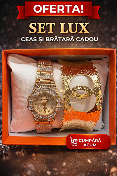 OEM Ceas Elegant Dama Yunkow Gold cu Cristale + Bratara Aurie Cadou – Set Acc...