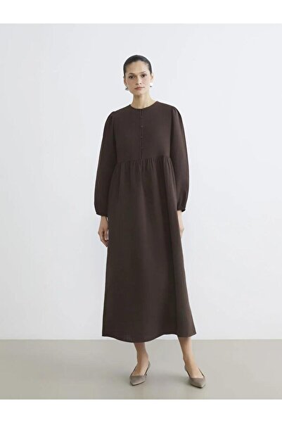 LC Waikiki Φόρεμα μουσελίνας με μανίκια μπαλόνι και λαιμόκοψη Indigo (S6)