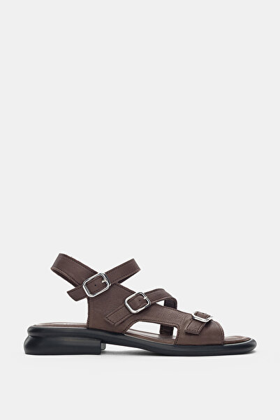 selin shoes Bloss 3'lü Lastik Toka Detaylı Hakiki Deri Kadın Sandalet- KAHVER...