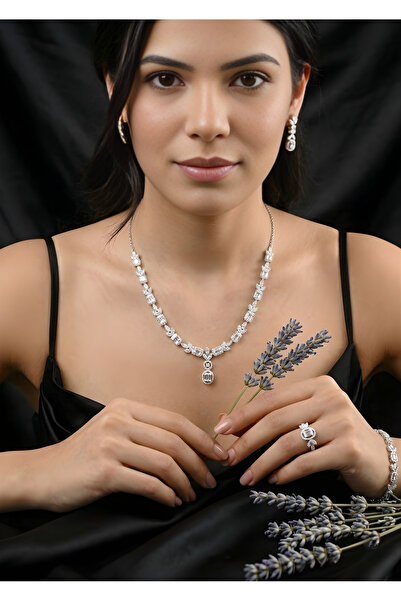 Luceven 925 Ayar Gümüş Baget Kesim Zarif 4'lü Set Kolye, Bileklik, Yüzük, Küpe