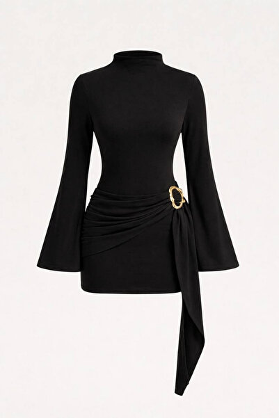 oshebu أسود - فستان نسائي قصير بياقة عالية وتفاصيل مشبك وحزام