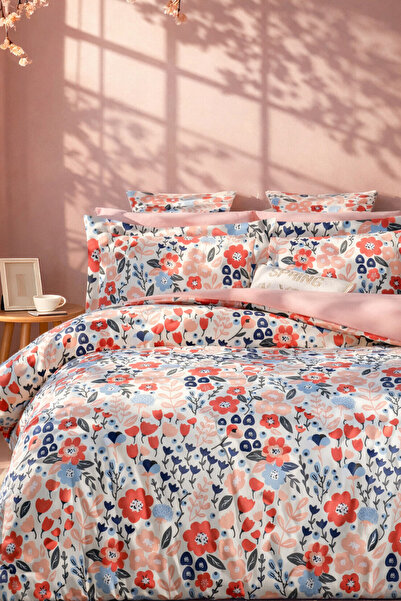 İQON طقم غطاء لحاف مع ملاءة مطاطية مزدوجة الحجم بلون البيتوني والسلمون