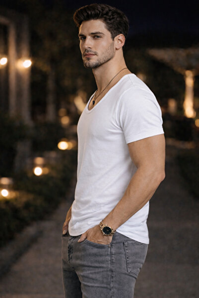 BYBÜLENT Men's Oval Collar T-Shirt Slim Fit Open Collar Stretch Fabric Slim Fit T-Shirt White Vr013
