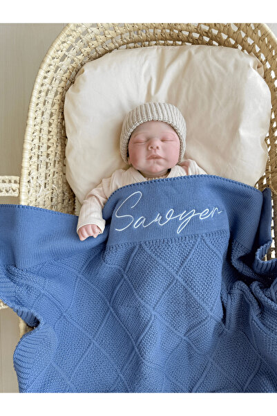 Mouliss %100 Pamuk Triko Yumuşak Dokulu Örgü Bebek Battaniyesi, Lacivert - Ki...