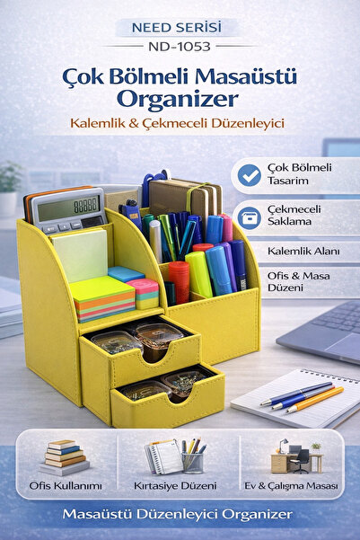Need Masaüstü Düzenleyici Çekmeceli Organizer Kalemlik Pastel Sarı ND-1053