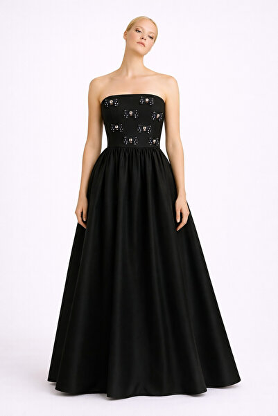 MERT ERKAN Maxi Taffeta Strapless Dress with Stone Top and Bow Spreader Detail