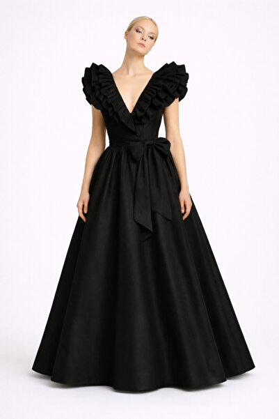 UNTIMELY فستان ماكسي من التفتا مبتكر مع ياقة على شكل حرف V وتفاصيل كشكشة