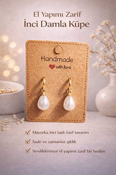 Pawnest Handmade Altın Metal Sallantılı Beyaz Su Damlası İnci Taşlı Küpe – Za...