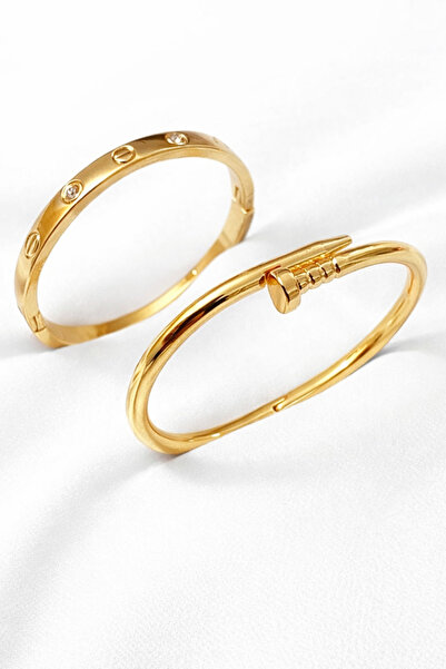 Crc Bijuteri سوار نسائي من الفولاذ بلون ذهبي مكون من قطعتين