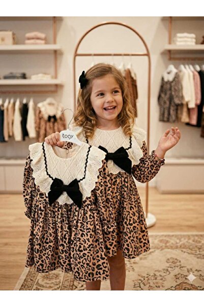 TOGY BABY VE KIDS WEAR Dantel Detaylı Kahverengi Leopar Desenli Kurdeleli Kız...