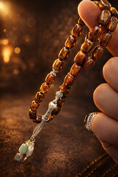 Cemhan Göksal Squeeze Amber Prayer Beads 8X12 mm Dark Olive Green 10 Gr Silve...