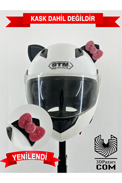 Butik Motor & Motosiklet Pembe Fiyonklu Siyah Kedi Kulak Kask Dış Aksesuarı