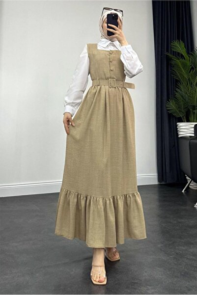 TRENDTESETTÜR KADIN BEJ KEMERLİ JİLE ELBİSE T 7945