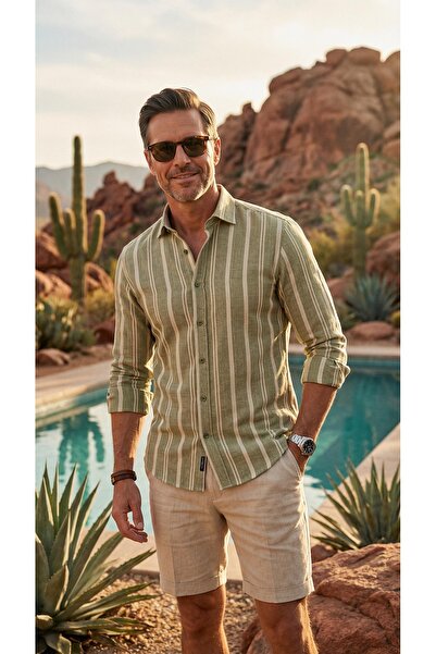 MEGALDİ Erkek Slim Fit Kesim Keten Yeşil Çizgili Uzun Kollu Gömlek