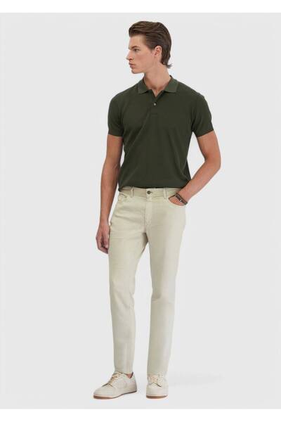 Ramsey Bej Düz Dokuma Slim Fit Casual Keten Karışımlı Pantolon