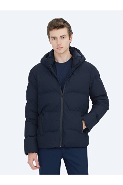 Kip Navy Blue Regular Fit Hooded Casual Woven Coat