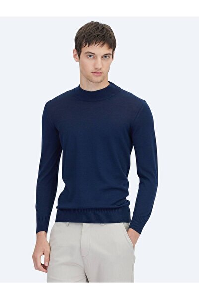 Kip Light Navy Half Turtleneck Jacquard Wool Blend Knitwear Sweater