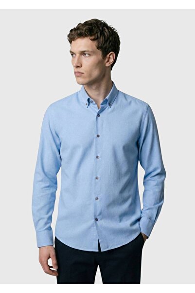 Ramsey Mavi Düz Regular Fit Dokuma Casual %100 Pamuk Gömlek