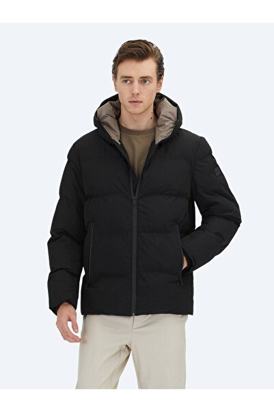 Kip Siyah Kapüşonlu Casual Dokuma Kaban