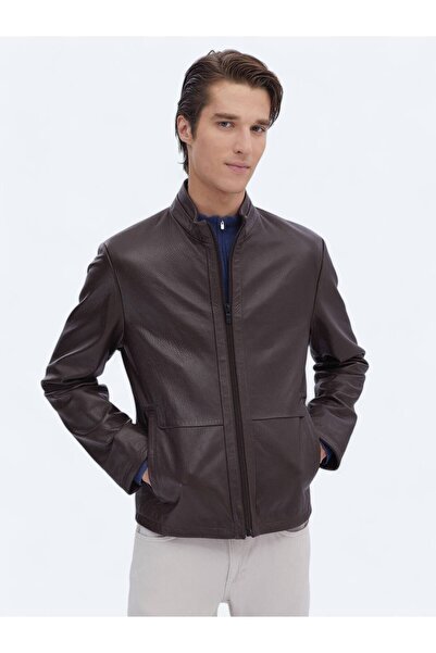Kip Fındık Regular Fit Dik Yaka Smart Casual Koyun Derisi Deri Mont