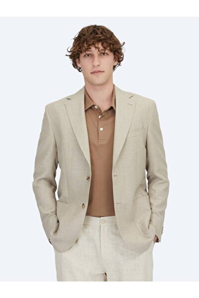 Kip Açık Bej Düz Modern Fit Yün Karışımlı Ceket