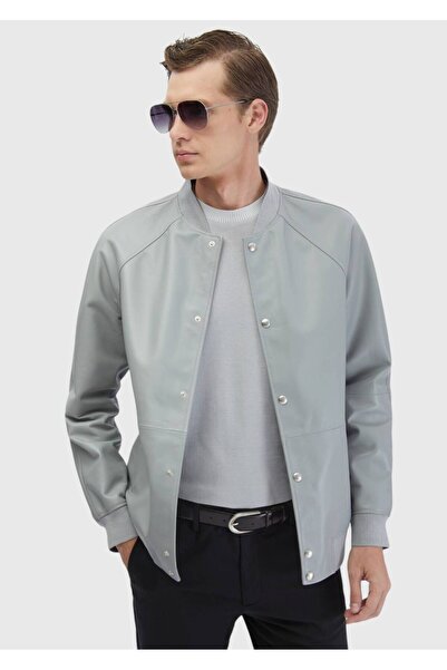 Ramsey Gri Regular Fit Dik Yaka Casual Koyun Derisi Deri Mont