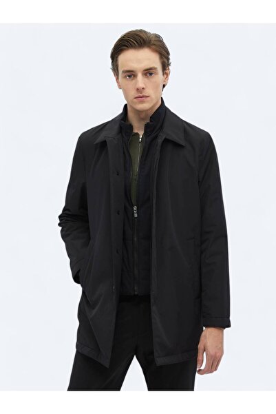 Kip Siyah Regular Fit Bebe Yaka Casual Dokuma Pardesü