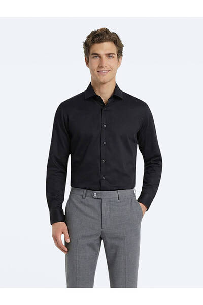 Kip Μαύρο απλό υφαντό κλασικό 100% βαμβακερό πουκάμισο με κανονική εφαρμογή