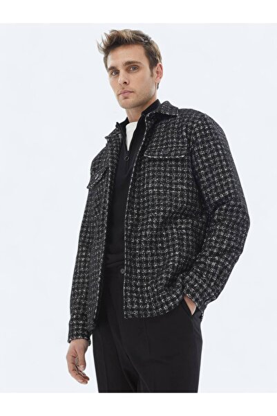 Kip Siyah Kareli Regular Fit Dokuma Yün Karışımlı Overshırt