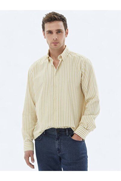 Kip Sarı Çizgili Regular Fit Dokuma Casual %100 Pamuk Gömlek