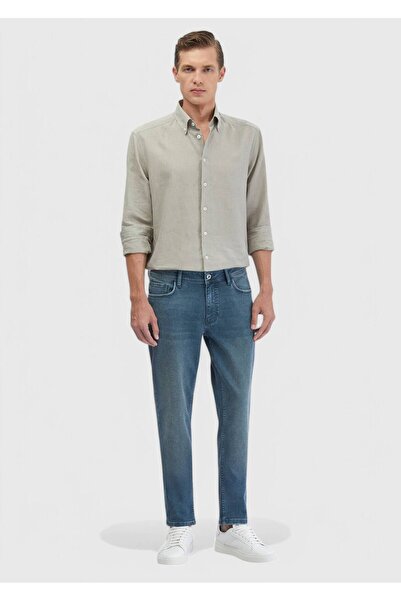 Ramsey Pantaloni albaștri, drepti, slim fit, din denim, amestec de bumbac