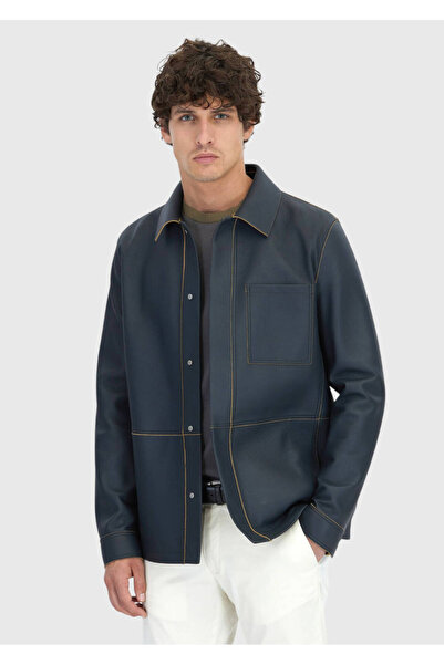 Ramsey معطف جلد الغنم الرمادي ذو القصة العادية بياقة قميص كاجوال