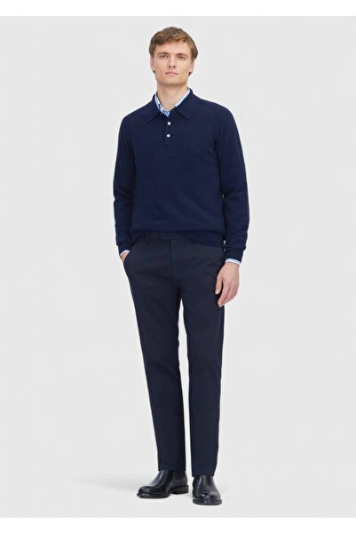 Ramsey Navy Blue Plain Woven Regular Fit Casual Cotton Blended Trousers