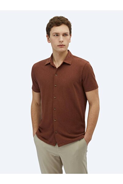 Kip Kahverengi Düz Regular Fit Casual Pamuk Karışımlı Gömlek