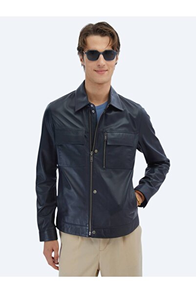 Kip Navy Blue Regular Fit Shirt Collar Smart Casual Sheepskin Leather Coat